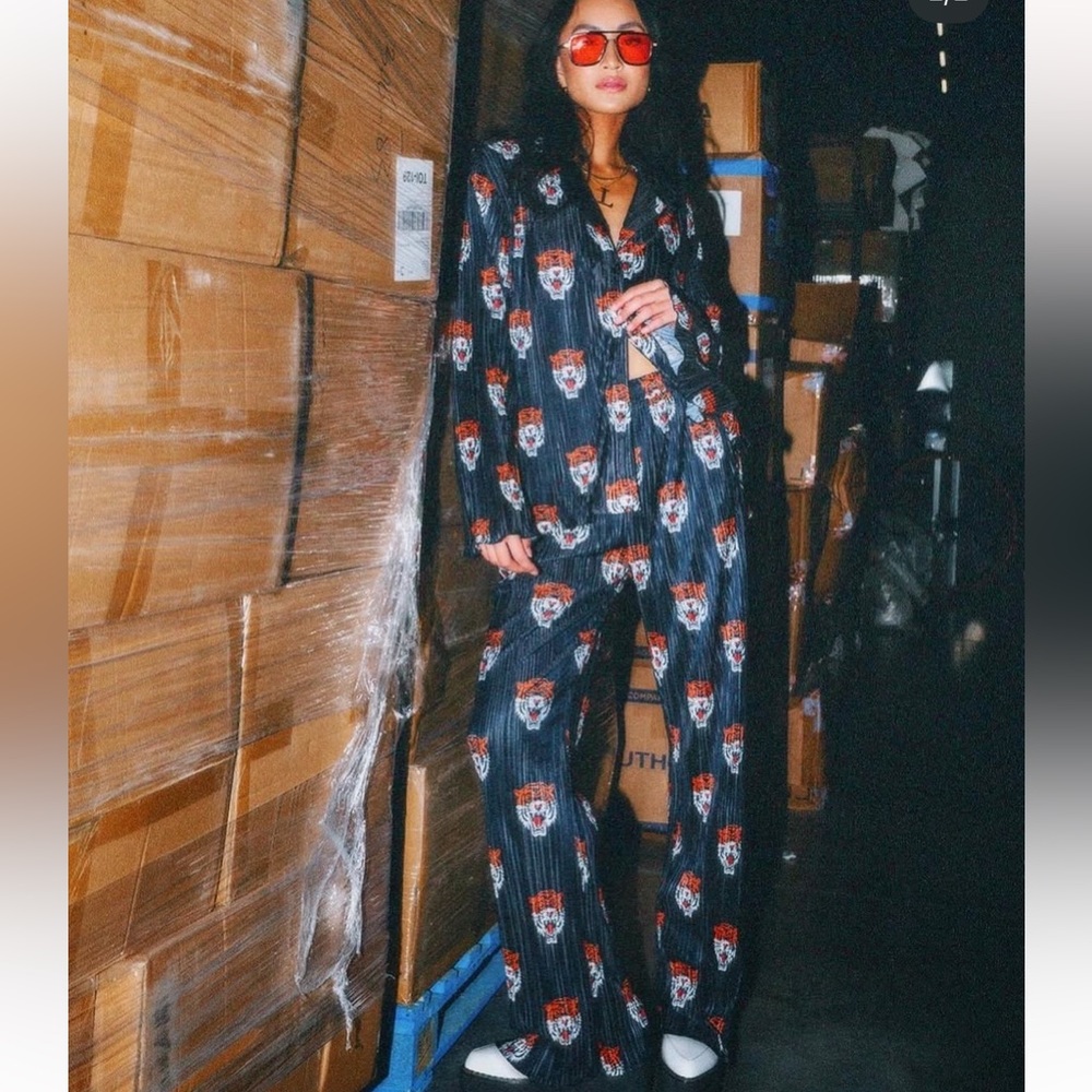 Dressed in Lala Tiger Long Sleeve Plissé Top & High Waist Pants Set